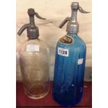 A vintage blue glass soda syphon for T. Hoyes of Leicester - sold with a clear similar for Job Wragg