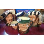 Five Royal Doulton character jugs comprising Athos, Captain Ahab, the Falconer, Mr Pickwick, and