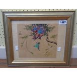A framed late Chinese watercolour, depicting a bird, branch and flowers - signed with seal stamp