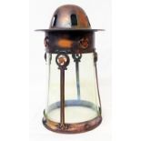 An art nouveau period coppered metal hall lamp with vaseline glass shade