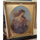 A gilt gesso framed and ovel slipped oil on canvas portrait of a harvest girl - paint surface bloom