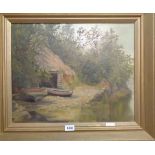 J. Evelyn West: a late Victorian gilt framed oil on canvas, depicting two beached rowing boats and a