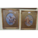 A pair of gilt and oval slipped Italian gouaches depicting children fishing and hawling nets with
