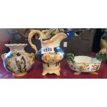 Two 20th Century Italian majolica vases - sold with an English bone china jug - various condition