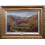 A gilt framed and slipped oil on board, depicting a river landscape with bridge in distance -