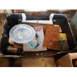A box containing assorted collectable items including Queen Victoria Diamond Jubilee Plate, Old