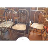 Three hoop back kitchen chairs of varying design and age - sold with an Ercol elbow chair frame -