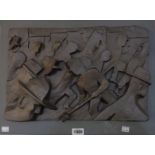 A board mounted sculptural panel, depicting numerous figures in a busy street scene - bronzed