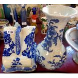 A reproduction transfer printed blue and white cheese dish and a modern blue and white crackle glaze