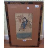 A lacquered framed Japanese wood block print, depicting a figure carrying a flowering branch with