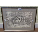 W. Haeburn-Little: a framed pencil drawing, depicting a house and gardens - signed