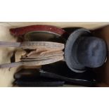A box of assorted collectable items including bellows, mirror and bowler hat, etc.