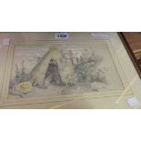 †A. J. Shaw: a framed pencil and wash drawing, depicting a figure in a thatched hut - signed and