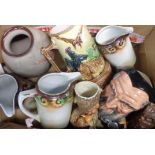 A box containing assorted china including Royal Doulton Merlin character jug, majolica cockerel jug,