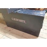 A old painted wood drop-front toolbox containing a quantity of assorted tools, marked for G. R.