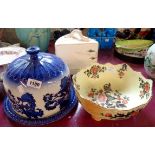 A modern blue and white cheese dish, a Carltonware bowl, and a Victorian cheese dish