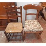 A stained elm framed ladder back standard chair with woven rush seat - sold with a Victorian