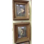 A pair of antique gilt gesso framed poychrome stipple engravings, depicting female subjects - 7 1/4"