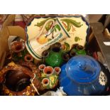 A box of Torquay pottery including tulip vases, Longpark basket, Rotary club vase, Shufflebottom tyg