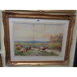 A. Birbeck: a gilt framed watercolour, depicting cattle resting in a rural landscape with stream -