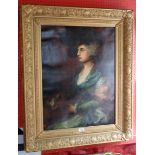 An ornate gilt gesso framed 20th Century oil on canvas portrait of a Gainsborough style lady - 28" X