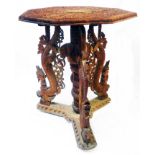 A 23 1/2" Far Eastern ornate heavily carved octagonal topped table with profuse foliate scrolls to