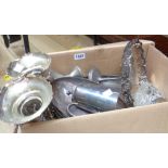 A box containing a quantity of silver plated items including pair of trumpet vases, tazza and