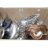 A box quantity of silver plated items including an entree dish, also a copper kettle