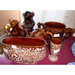 A Spode teacle glazed Cadogan teapot with restoration to spout, two similar Toby jugs, and a large