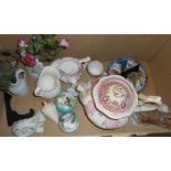 A box containing assorted ceramics including Victorian pink lustre ware, Prattware Crystal Palace