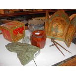 A box containing a part set of decorative Hindu coasters, burr maple cigarette box, Anglo-Indian