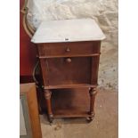 A 17 3/4" French stained mixed wood marble top pot cupboard with drawer, fall and undertier set on