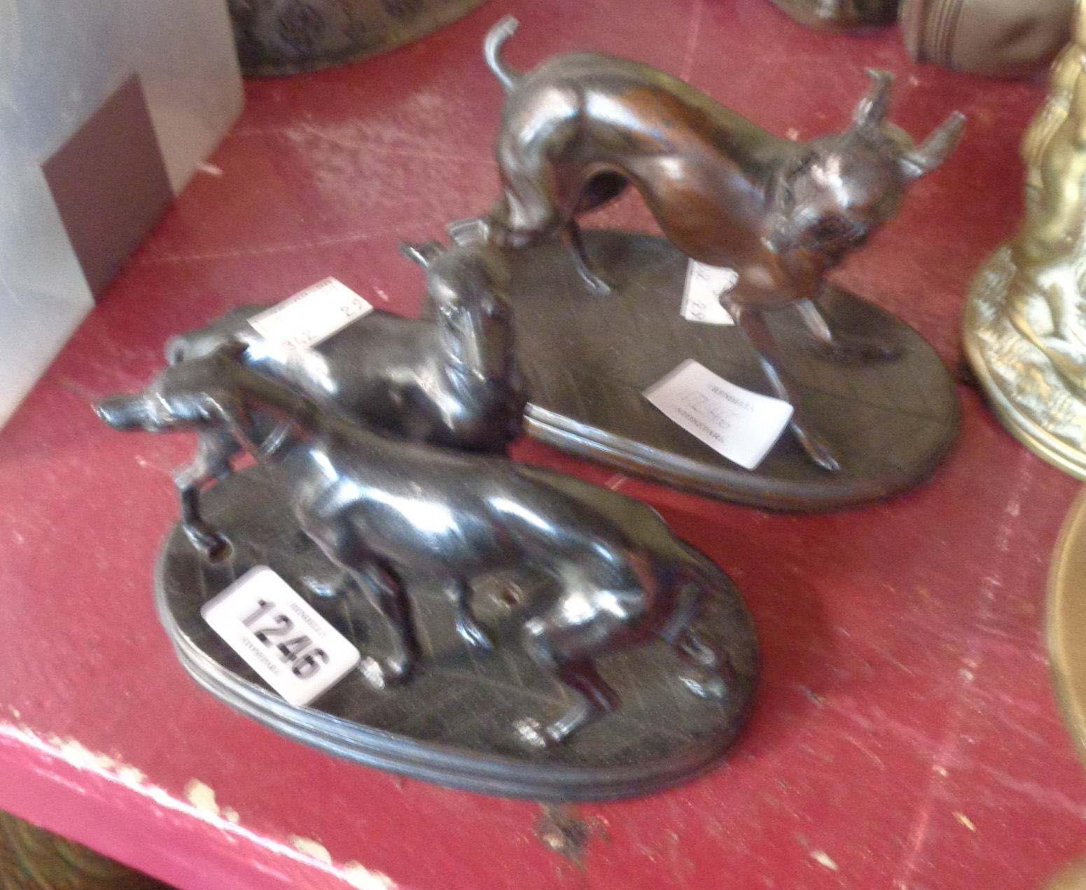 Two bronzed spelter greyhound figurines