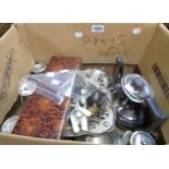 A box containing a quantity of silver plated items including candelabrum, tea and coffee ware,