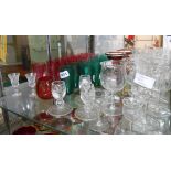 Assorted glassware including a set of six cranberry tumblers, five similar in green, cut glass