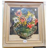 Ronald Moore: a painted and hessian framed mixed media still life with bowl of flowers - signed in