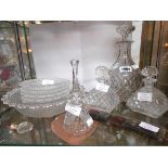 Assorted glassware including cut glass decanter, moulded fruit set and scent bottles, etc.