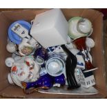A box containing a quantity of assorted ceramics including Homemaker bowls, modern Delft house