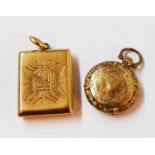 A marked 18 yellow metal oblong mourning locket with engraved initials, tinted photographic portrait