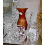 A tall cut glass lemonade jug and six other pieces of glassware