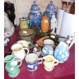 Fifteen pieces of ceramics including a majolica corn cob jug, Amphora pottery vase, Farnham style