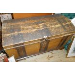 A 3' 8" grained pine dome top lift-top box with internal candle box remains of original finish,