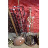 A set of fire tools - sold with an antique copper pan with iron handle (misshapen)