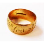A hallmarked 9ct. gold sweetheart band with engraved decoration and text "You I Love"