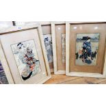 Four matching framed 19th Century Japanese woodblock prints all depicting ladies in traditional
