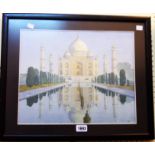 A black framed and slipped watercolour, depicting a view of the Taj Mahal with reflection - signed