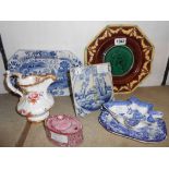 Assorted ceramics including a Wedgwood majolica octagonal polate with central panel depicting a lady