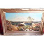 Neimann: an ornate gilt framed oil on canvas, depicting an extensive moorland landscape with rocks