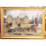A framed tapestry panel, depicting The Cheverny Hunt with stately home in background