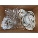 A box of assorted china and glassware including Japanese eggshell, Fieldings Crown Devon dish, etc.